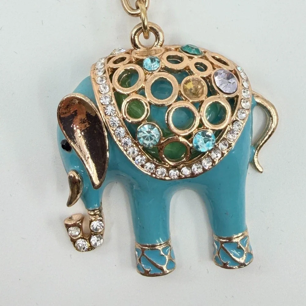 Vintage Teal Enamel Elephant Keychain with Gold Tone & Rhinestones